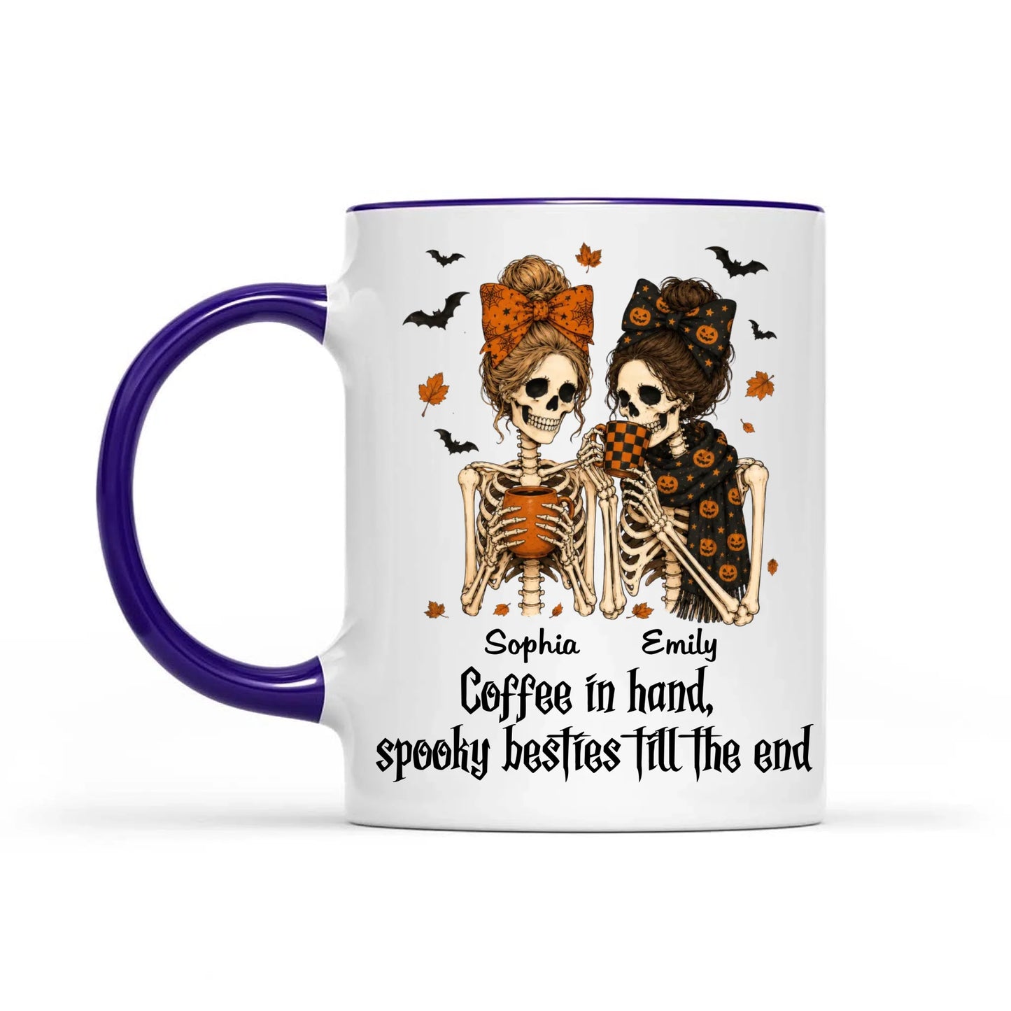 Skeleton Besties Girls - Coffee in hand, spooky besties till the end - Personalized Mug - Funny Work Bestie Gift, Halloween Keepsake For Best Friends