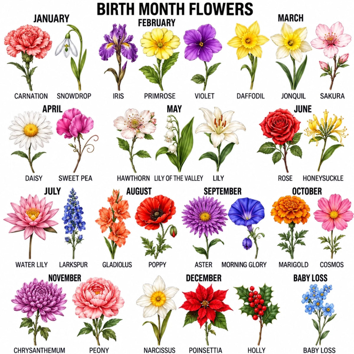 Birth Month Flowers Botanical Chart