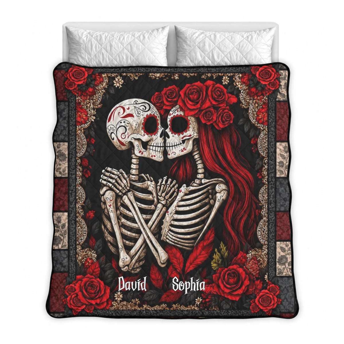 Personalized Skeleton Couple Blanket – Custom Names Gothic Skull Lovers, Red Rose Romantic Couple - Halloween Gifts For Couples