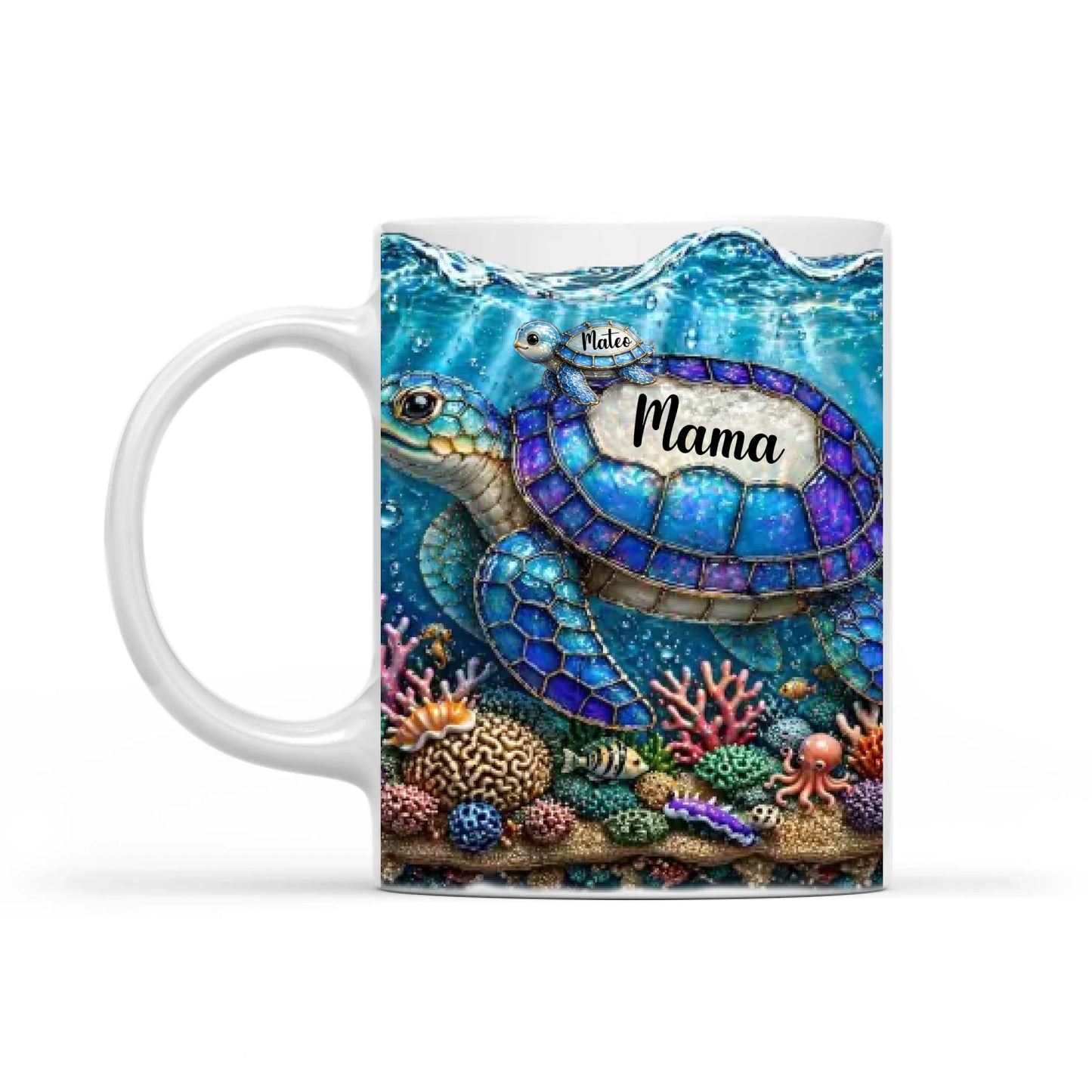 Custom Sea Turtle 3D Effect Coffee Mug, Baby Turtle With Name Coffee Mug, Mothers Day Keepsake, Birthday Gift For Mommy