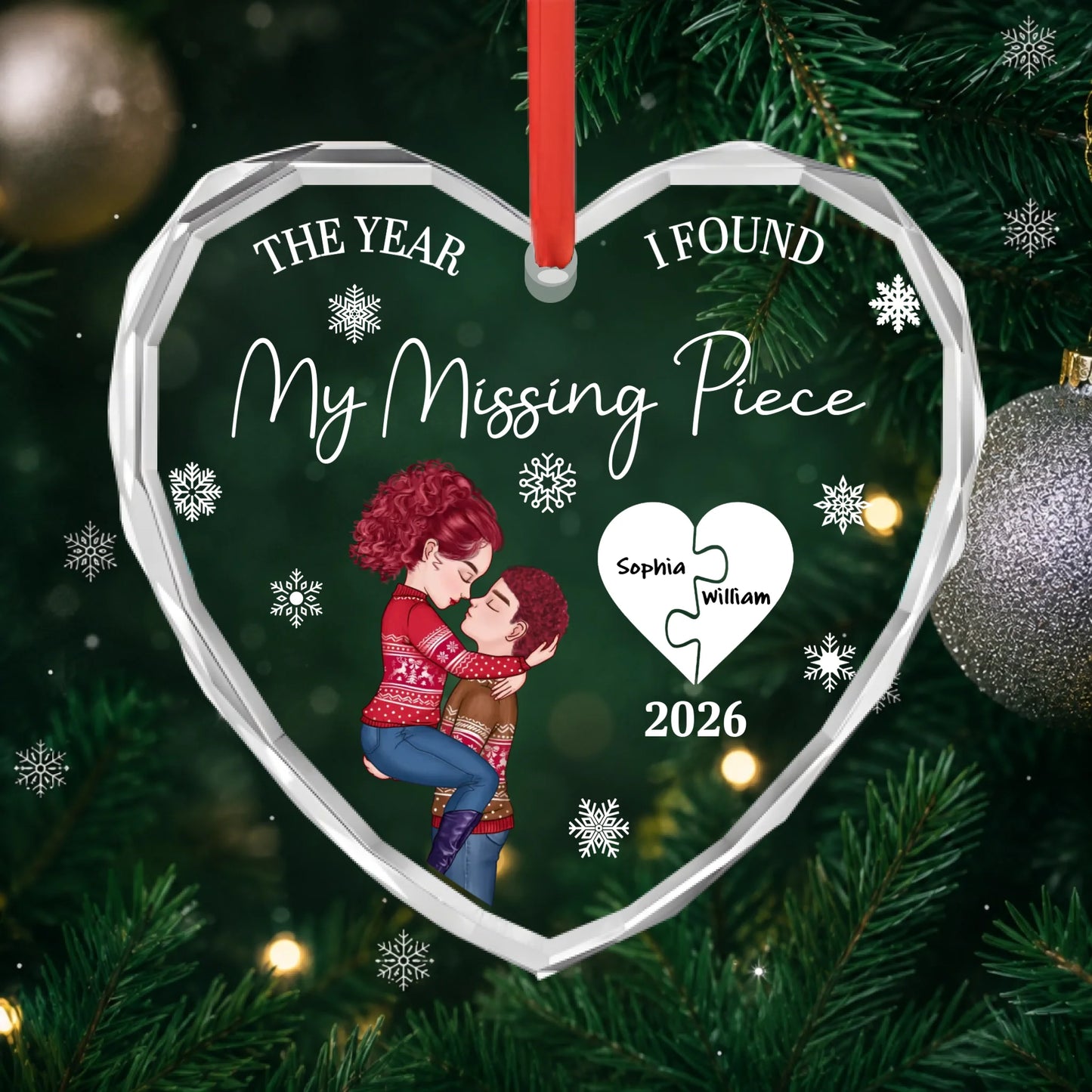 The Year I Found My Missing Piece Kissing Couples - Personalized Heart Shaped Glass Ornament