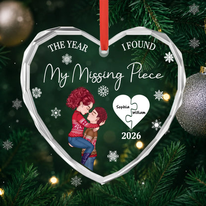 The Year I Found My Missing Piece Kissing Couples - Personalized Heart Shaped Glass Ornament