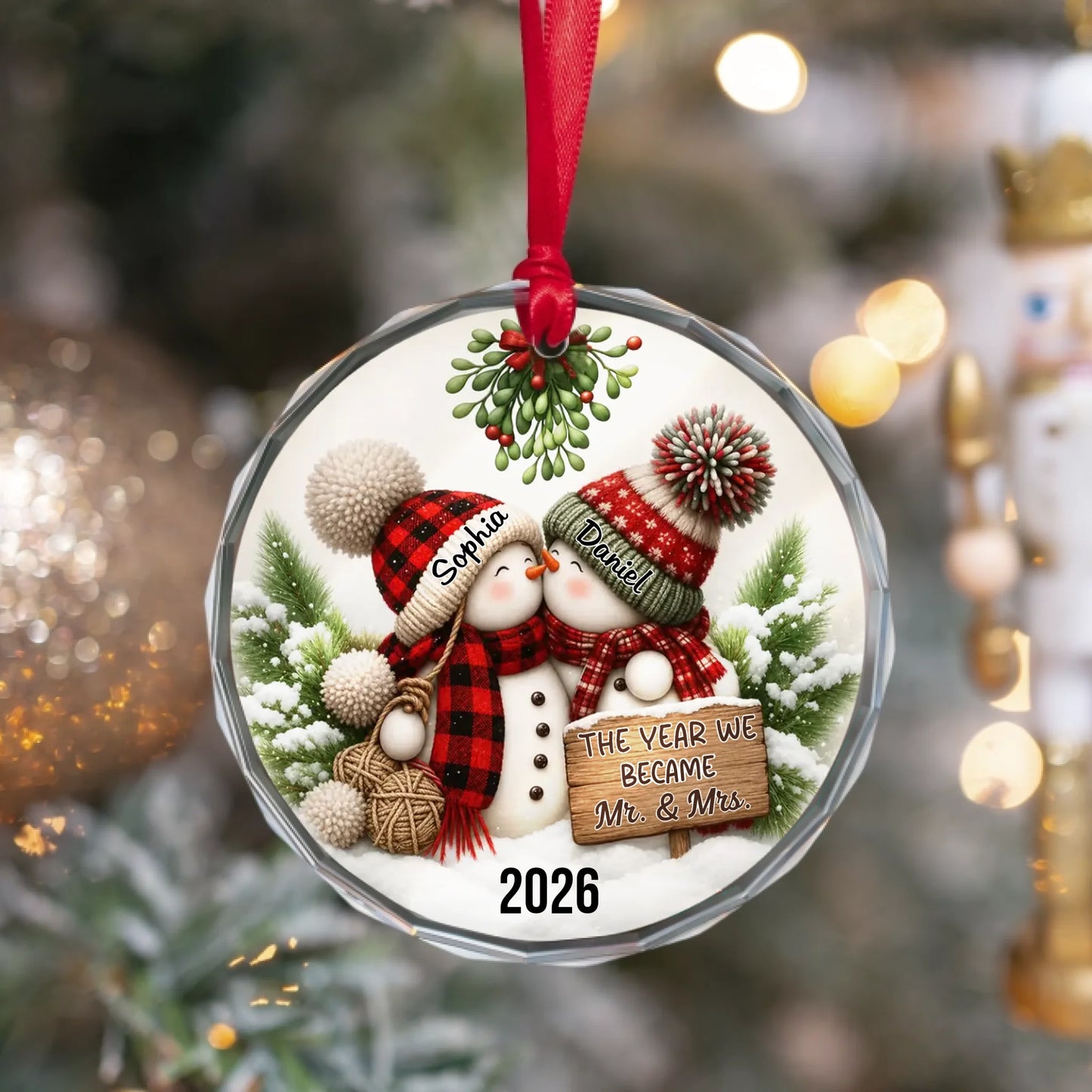 Christmas Couple Snowman - The Year We Became - Personalized Couple Circle Ornament