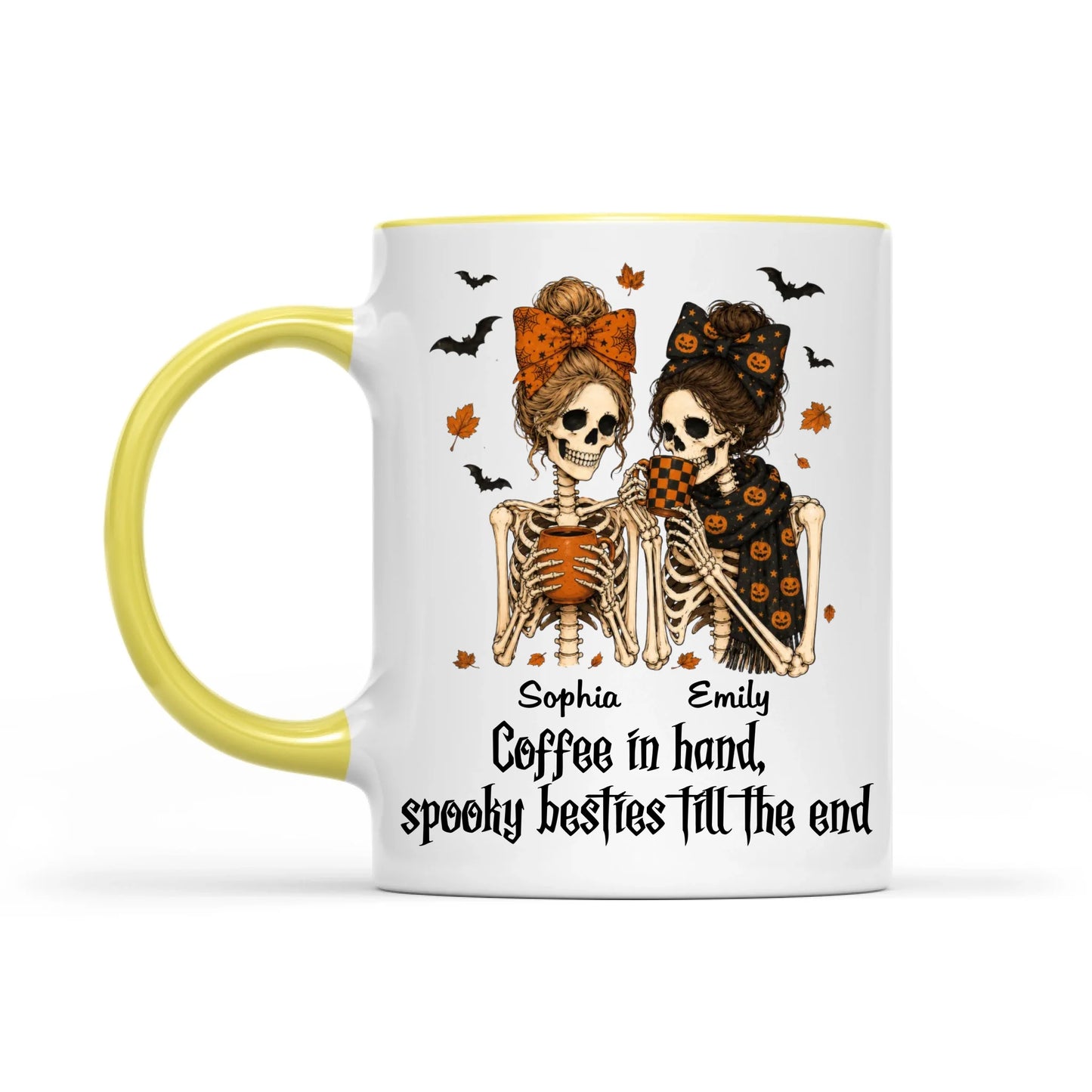 Skeleton Besties Girls - Coffee in hand, spooky besties till the end - Personalized Mug - Funny Work Bestie Gift, Halloween Keepsake For Best Friends