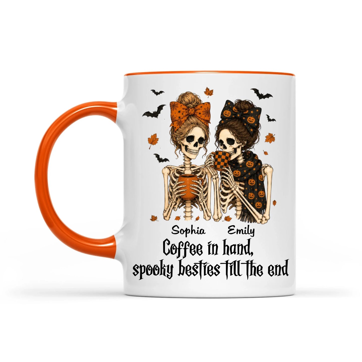 Skeleton Besties Girls - Coffee in hand, spooky besties till the end - Personalized Mug - Funny Work Bestie Gift, Halloween Keepsake For Best Friends