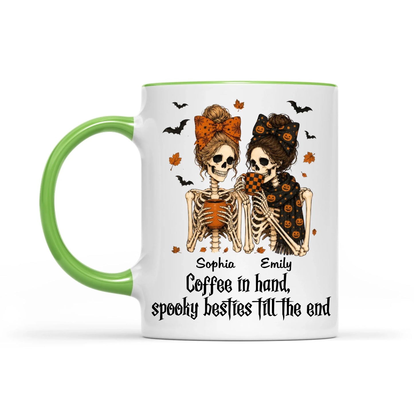 Skeleton Besties Girls - Coffee in hand, spooky besties till the end - Personalized Mug - Funny Work Bestie Gift, Halloween Keepsake For Best Friends