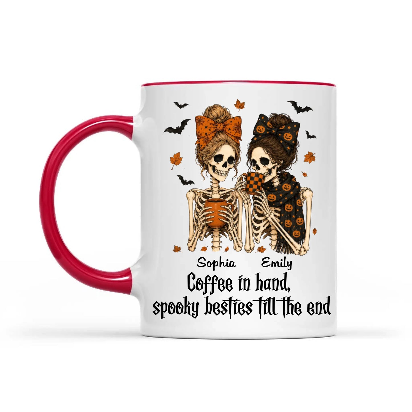 Skeleton Besties Girls - Coffee in hand, spooky besties till the end - Personalized Mug - Funny Work Bestie Gift, Halloween Keepsake For Best Friends