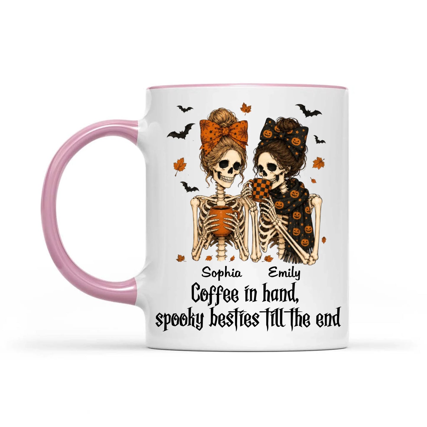 Skeleton Besties Girls - Coffee in hand, spooky besties till the end - Personalized Mug - Funny Work Bestie Gift, Halloween Keepsake For Best Friends