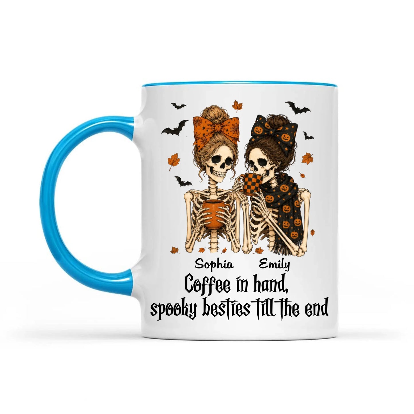 Skeleton Besties Girls - Coffee in hand, spooky besties till the end - Personalized Mug - Funny Work Bestie Gift, Halloween Keepsake For Best Friends