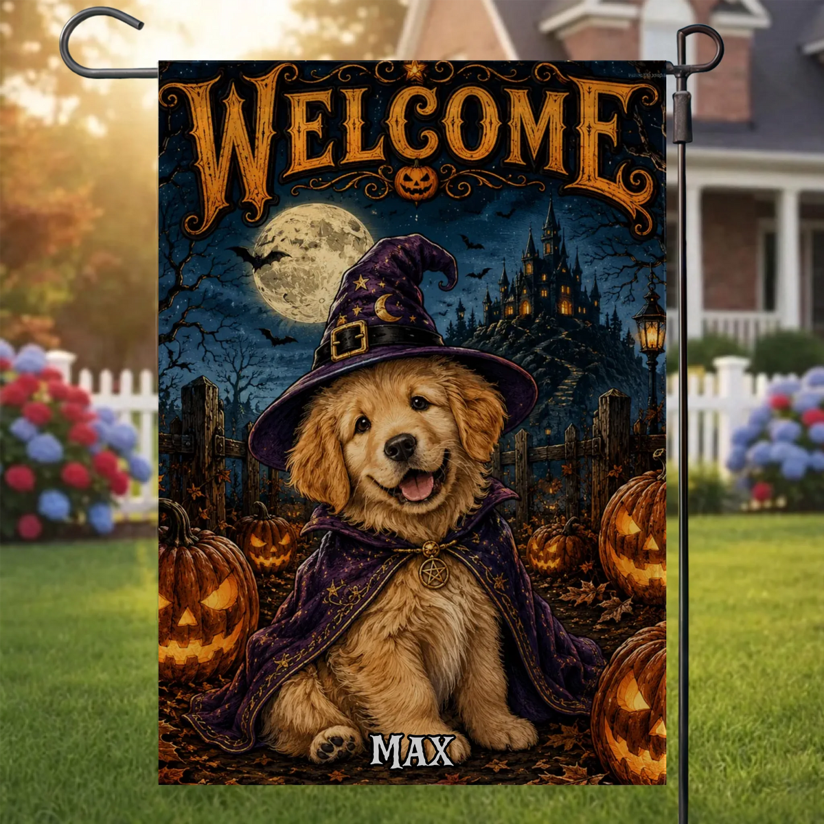 Vintage Dog Halloween Night Photo Upload - Personalized Garden Flag - Halloween Gift For Dog Lover
