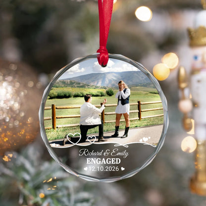 Engagement Gifts for Couples - Engaged Keepsake Ornament, Marriage Proposal Gift, Christmas gift for Couple - Personalized Photo Round Glass Ornament