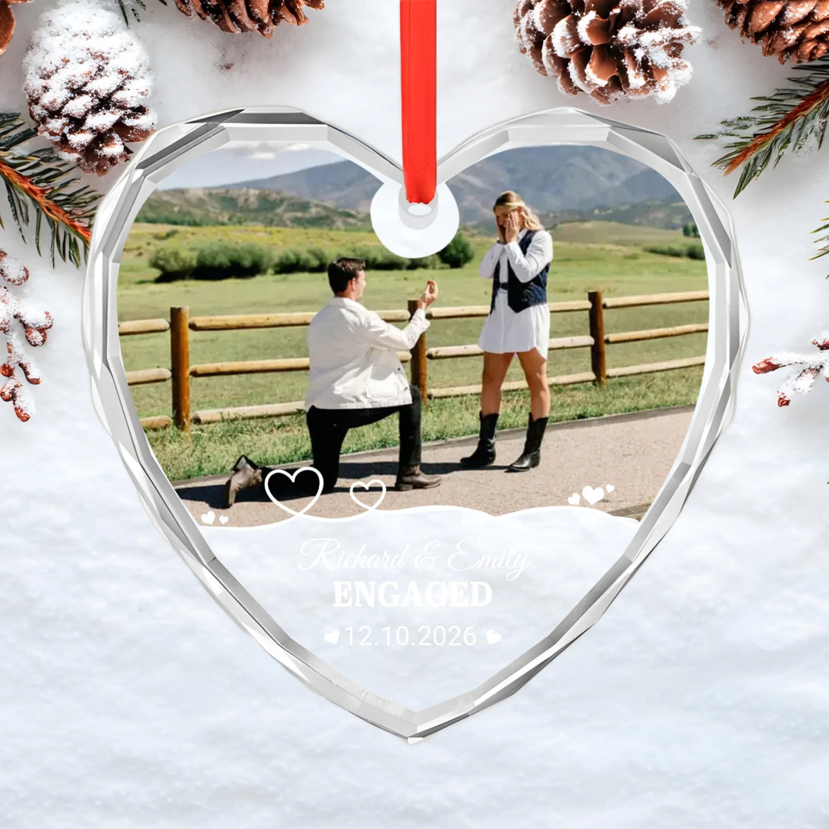 Engagement Gifts for Couples - Engaged Keepsake Ornament, Marriage Proposal Gift, Christmas gift for Couple - Personalized Photo Round Glass Ornament