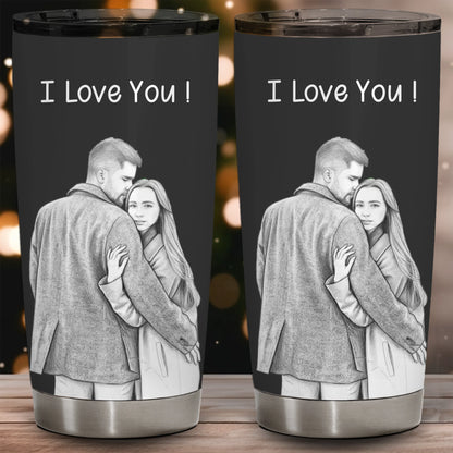 Custom Photo Couple White Pencil Sketch Art Happy Anniversary Couple - Personalized Tumbler