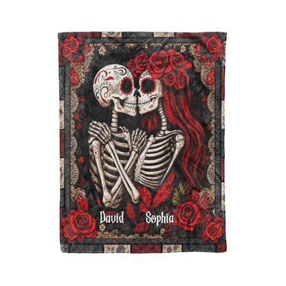 Personalized Skeleton Couple Blanket – Custom Names Gothic Skull Lovers, Red Rose Romantic Couple - Halloween Gifts For Couples