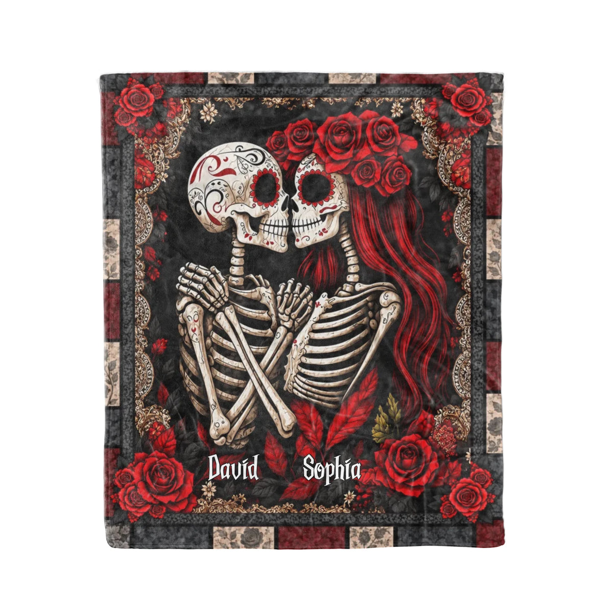Personalized Skeleton Couple Blanket – Custom Names Gothic Skull Lovers, Red Rose Romantic Couple - Halloween Gifts For Couples