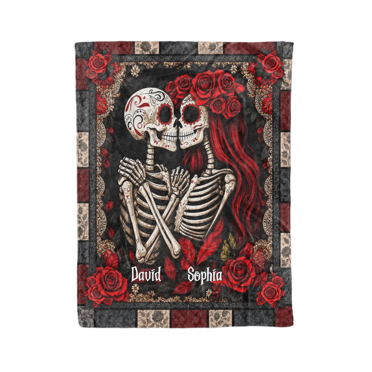 Personalized Skeleton Couple Blanket – Custom Names Gothic Skull Lovers, Red Rose Romantic Couple - Halloween Gifts For Couples