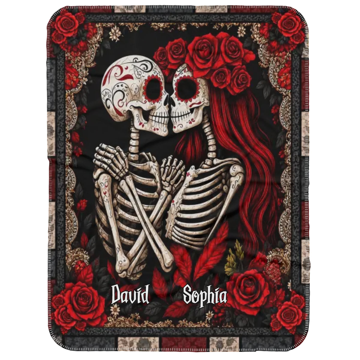 Personalized Skeleton Couple Blanket – Custom Names Gothic Skull Lovers, Red Rose Romantic Couple - Halloween Gifts For Couples