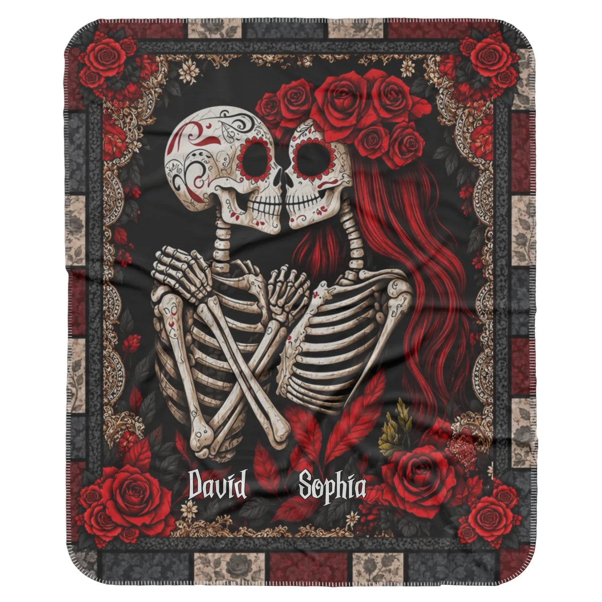 Personalized Skeleton Couple Blanket – Custom Names Gothic Skull Lovers, Red Rose Romantic Couple - Halloween Gifts For Couples
