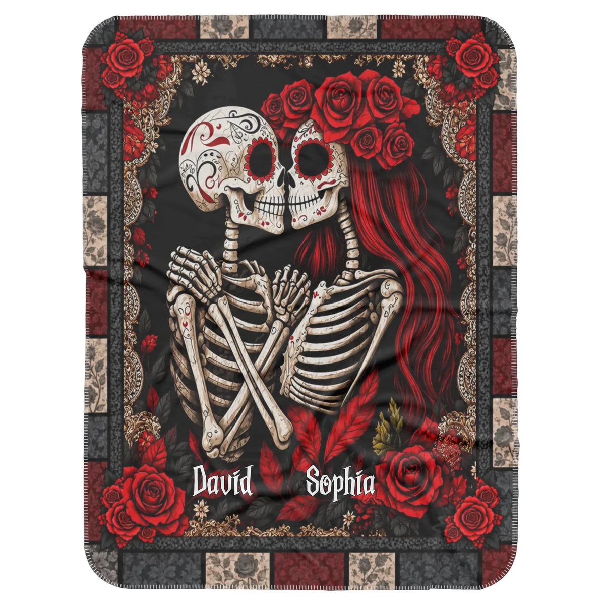 Personalized Skeleton Couple Blanket – Custom Names Gothic Skull Lovers, Red Rose Romantic Couple - Halloween Gifts For Couples
