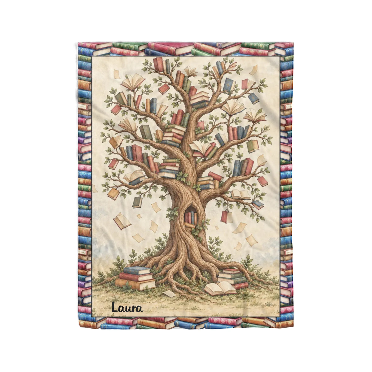 Personalized Reading Blanket – Custom Photo Blanket with Reader Character & Book Tree, Cozy Gift for Book Lover