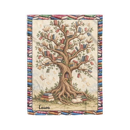 Personalized Reading Blanket – Custom Photo Blanket with Reader Character & Book Tree, Cozy Gift for Book Lover