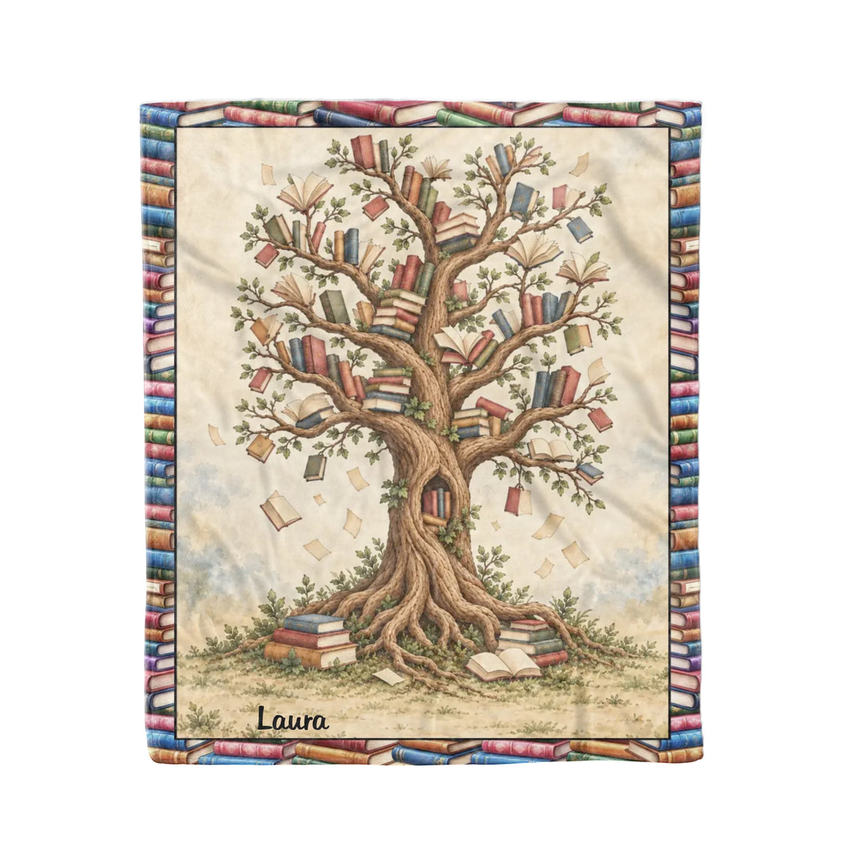 Personalized Reading Blanket – Custom Photo Blanket with Reader Character & Book Tree, Cozy Gift for Book Lover