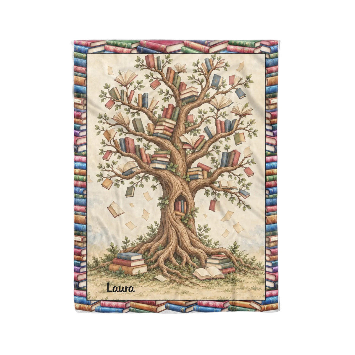 Personalized Reading Blanket – Custom Photo Blanket with Reader Character & Book Tree, Cozy Gift for Book Lover