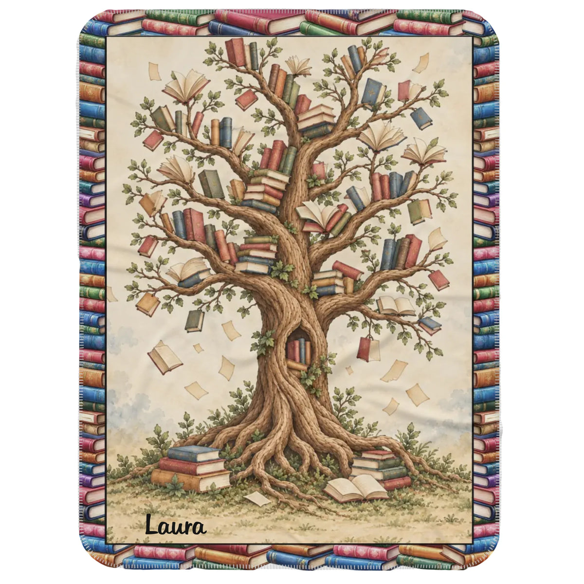 Personalized Reading Blanket – Custom Photo Blanket with Reader Character & Book Tree, Cozy Gift for Book Lover
