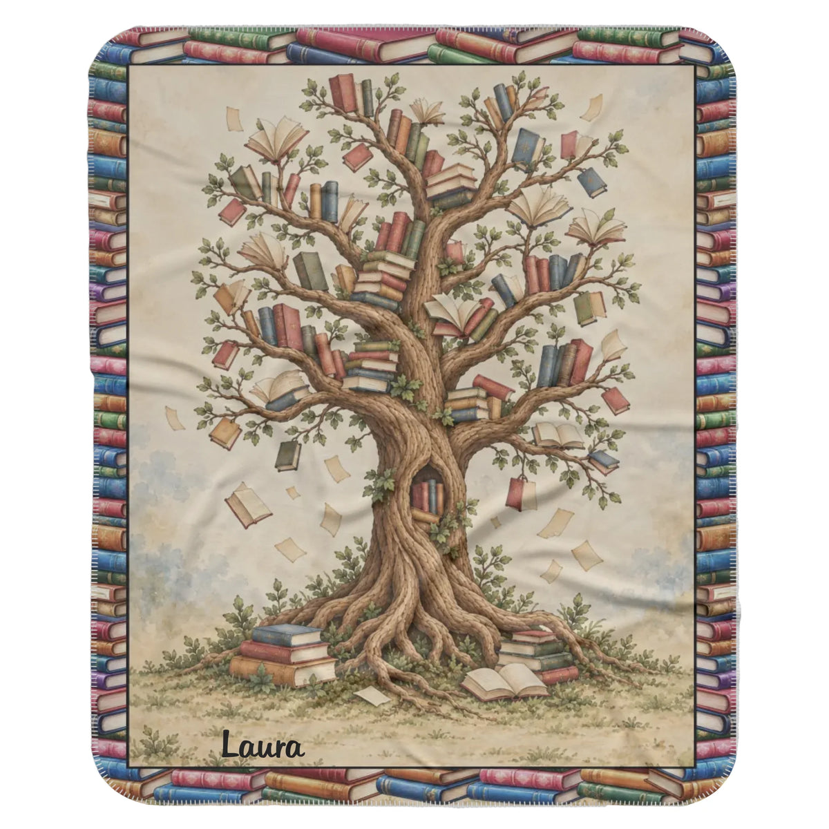 Personalized Reading Blanket – Custom Photo Blanket with Reader Character & Book Tree, Cozy Gift for Book Lover