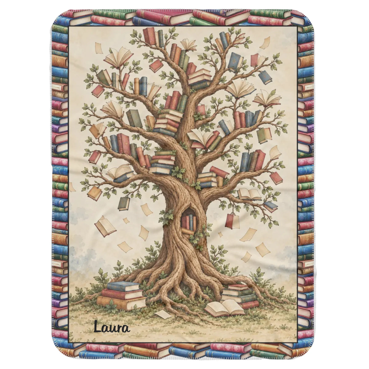 Personalized Reading Blanket – Custom Photo Blanket with Reader Character & Book Tree, Cozy Gift for Book Lover
