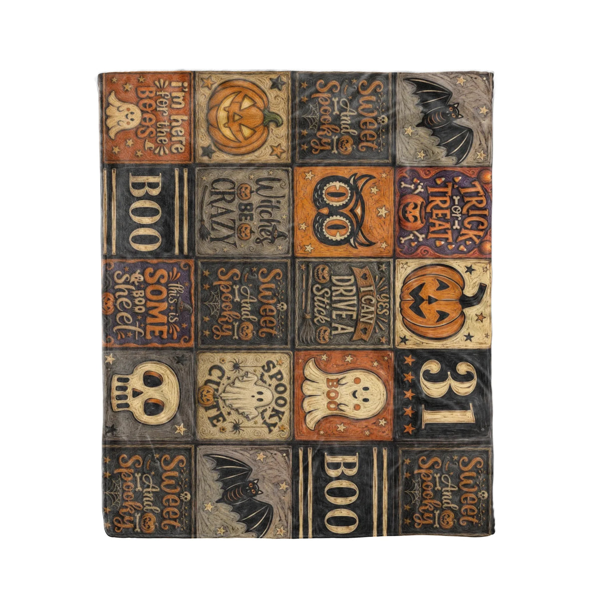 Vintage Halloween Woven Throw Blanket – Spooky Pumpkin, Ghost, Bat & Boo Patchwork Blanket