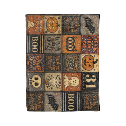 Vintage Halloween Woven Throw Blanket – Spooky Pumpkin, Ghost, Bat & Boo Patchwork Blanket