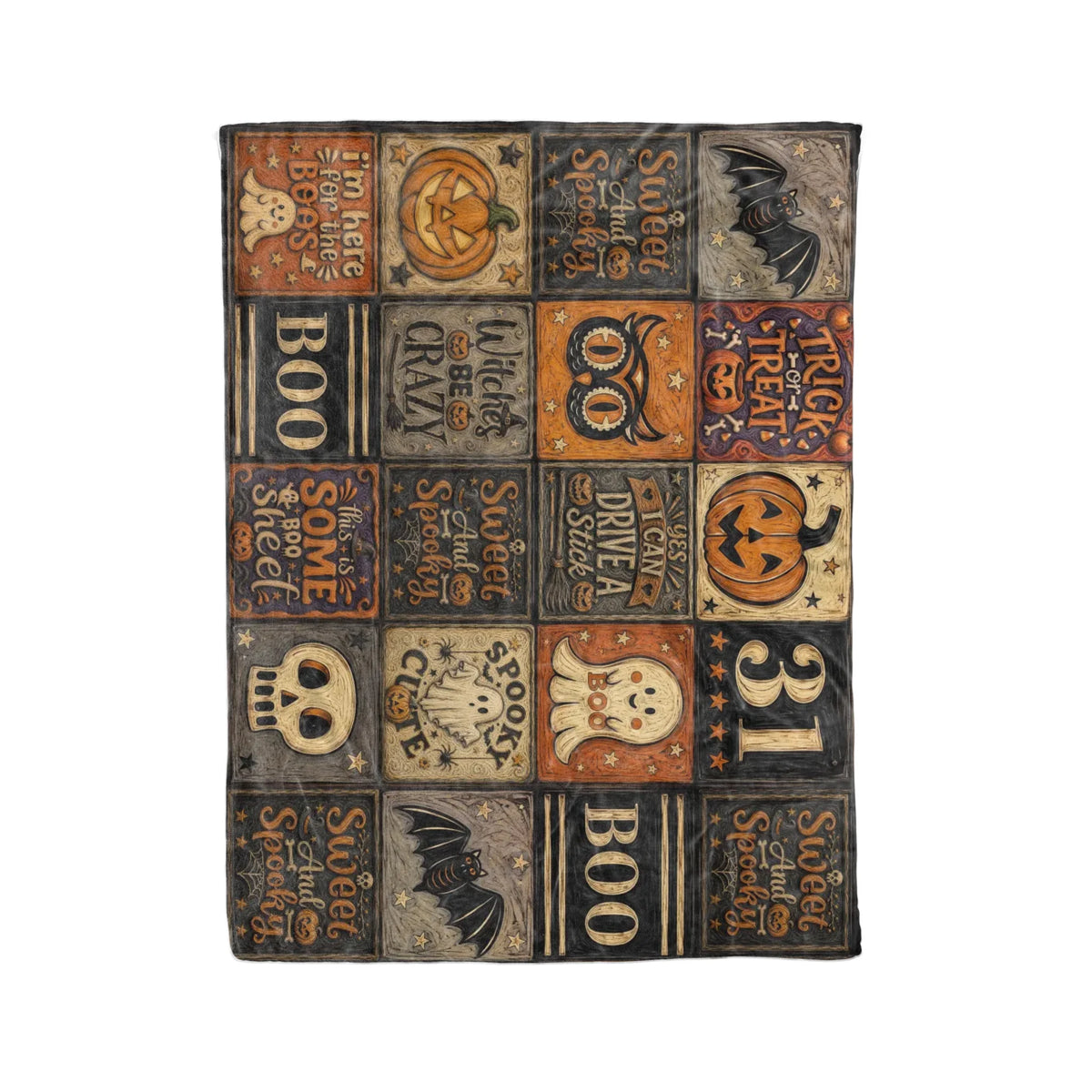 Vintage Halloween Woven Throw Blanket – Spooky Pumpkin, Ghost, Bat & Boo Patchwork Blanket