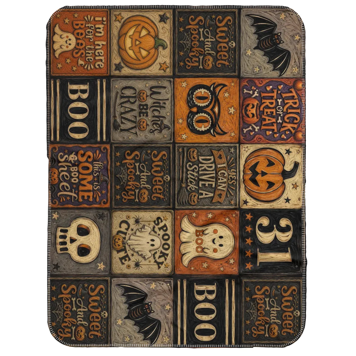 Vintage Halloween Woven Throw Blanket – Spooky Pumpkin, Ghost, Bat & Boo Patchwork Blanket