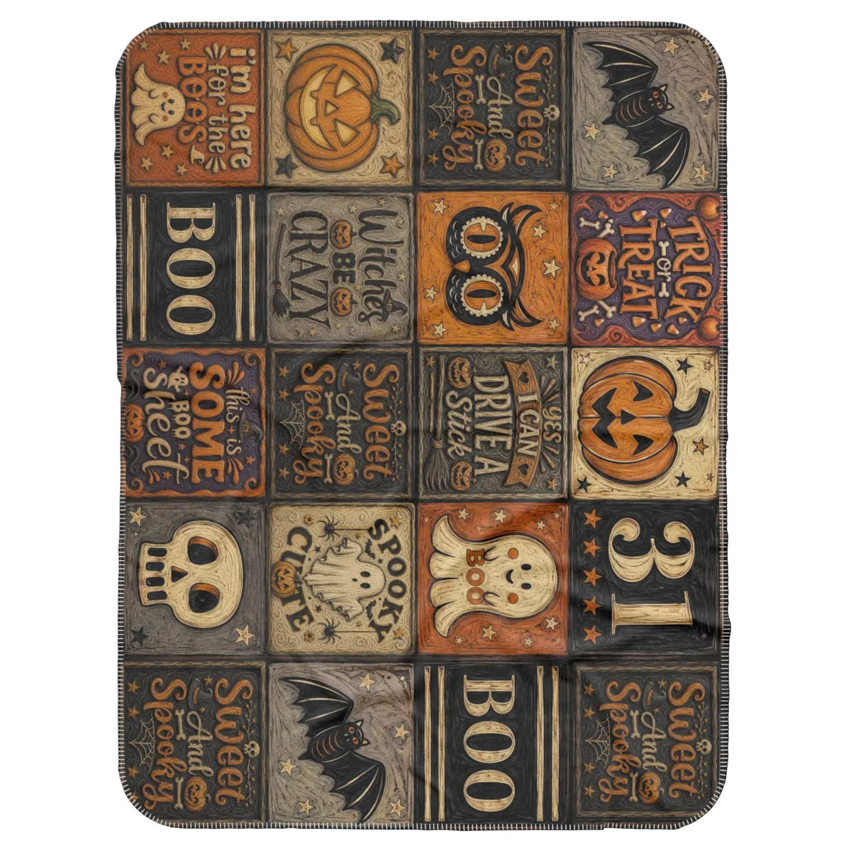 Vintage Halloween Woven Throw Blanket – Spooky Pumpkin, Ghost, Bat & Boo Patchwork Blanket