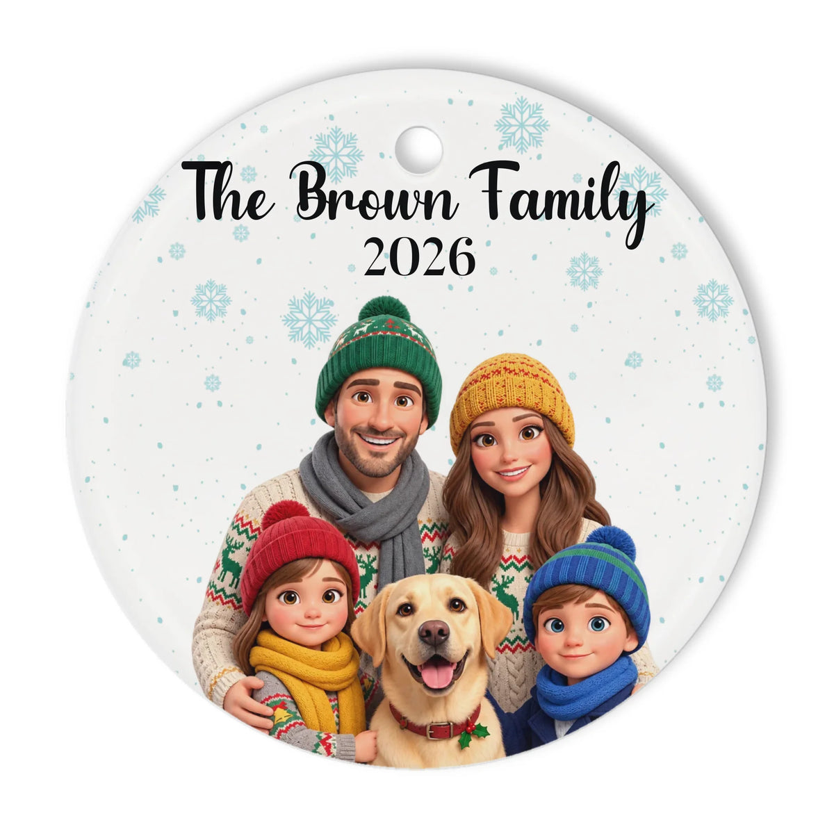 3D Effect Family Christmas Ornament - Personalized Family Photo Circle Ceramic Ornament