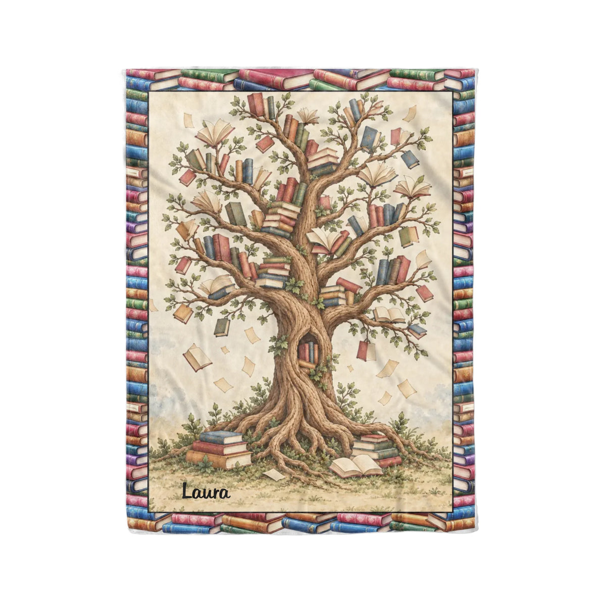 Personalized Reading Blanket – Custom Photo Blanket with Reader Character & Book Tree, Cozy Gift for Book Lover