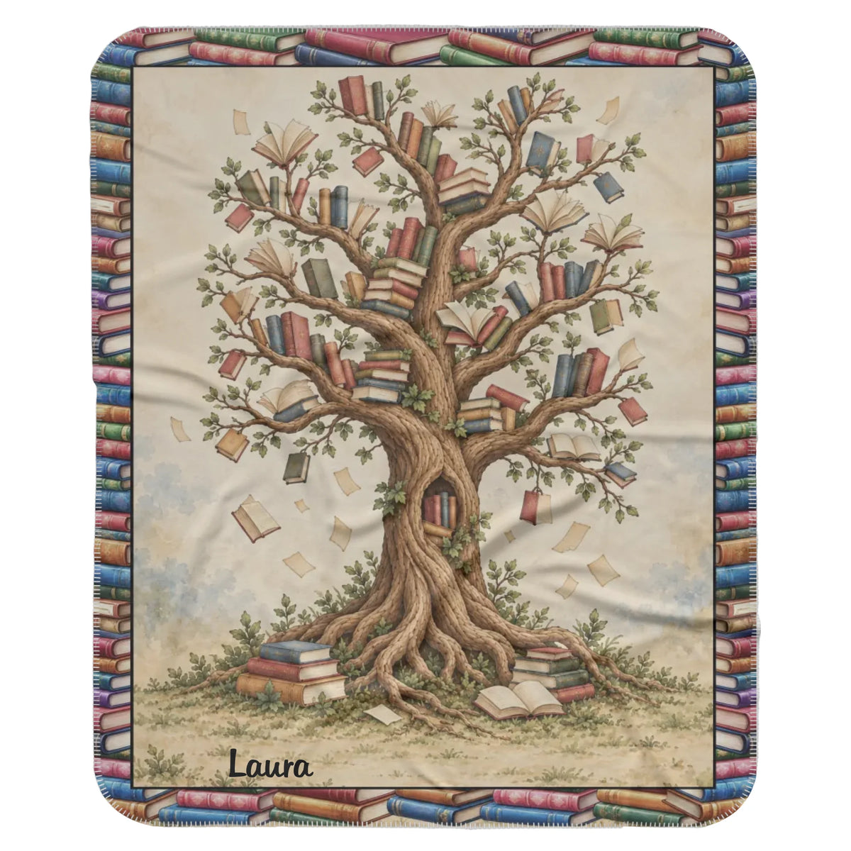 Personalized Reading Blanket – Custom Photo Blanket with Reader Character & Book Tree, Cozy Gift for Book Lover