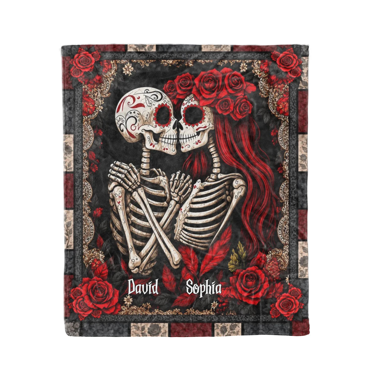 Personalized Skeleton Couple Blanket – Custom Names Gothic Skull Lovers, Red Rose Romantic Couple - Halloween Gifts For Couples