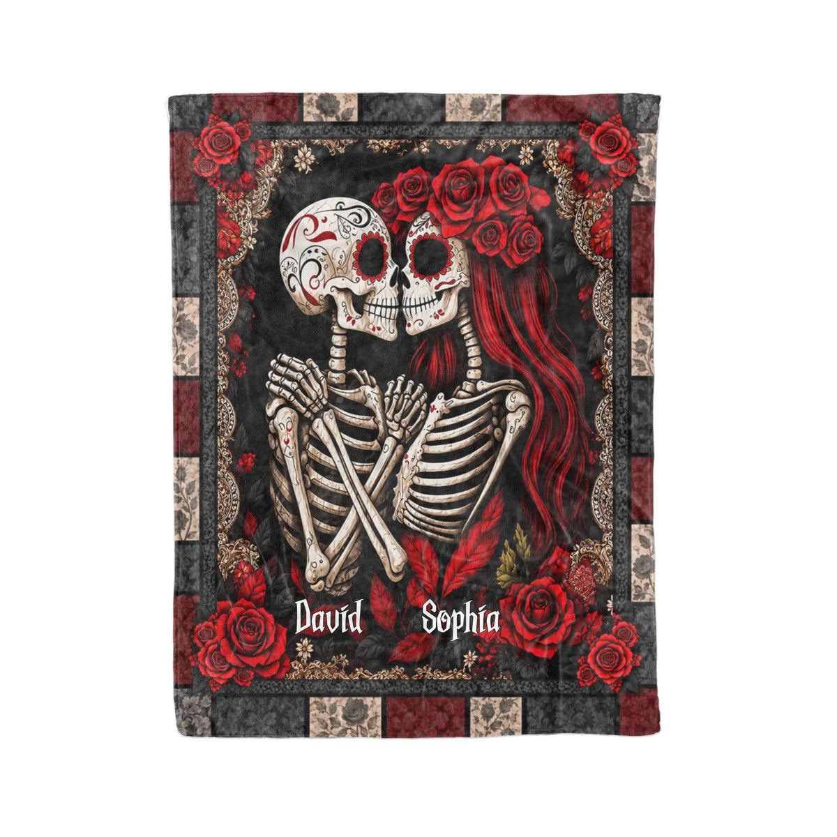 Personalized Skeleton Couple Blanket – Custom Names Gothic Skull Lovers, Red Rose Romantic Couple - Halloween Gifts For Couples