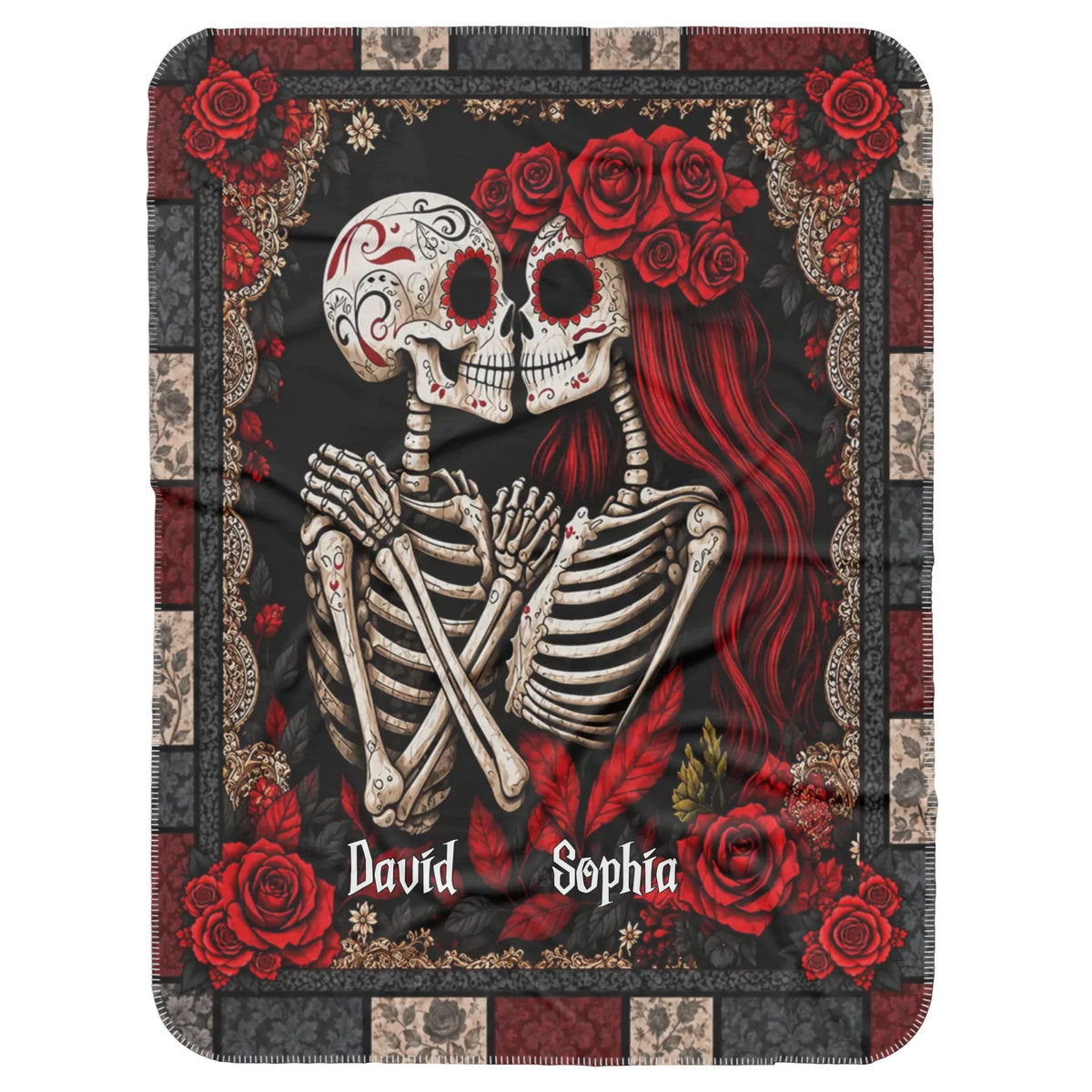 Personalized Skeleton Couple Blanket – Custom Names Gothic Skull Lovers, Red Rose Romantic Couple - Halloween Gifts For Couples