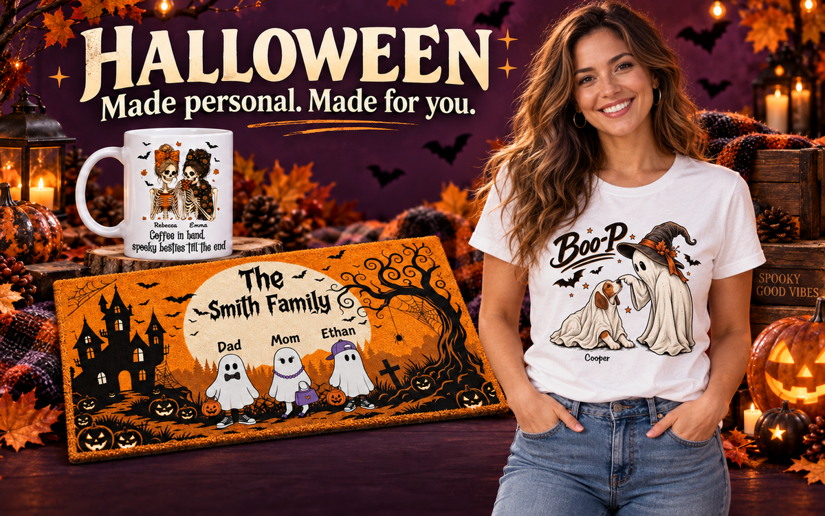 Halloween personalized gifts: woman wearing Boo-P ghost and dog shirt, Skeleton Besties mug and Family Ghost doormat.